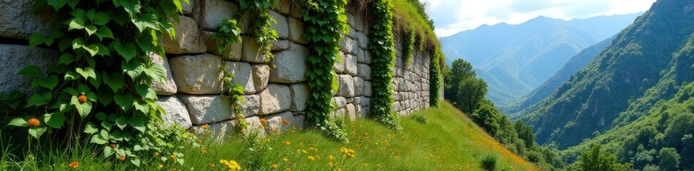 Fototapeta premium Vines climbing up a rocky wall in the Adygea mountains, greenery, mountains, flowers