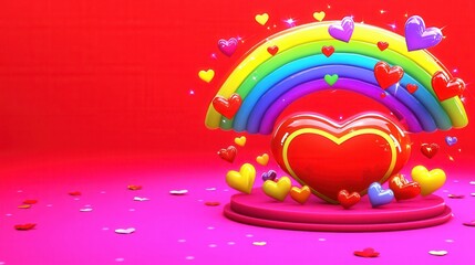 Colorful Heart with Rainbow and Small Hearts on Pink Background