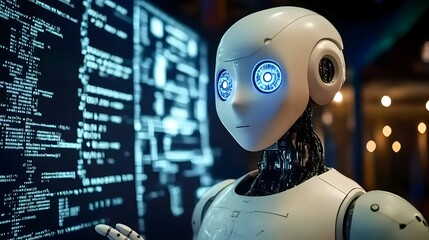 Futuristic robot interacting with digital data on an advanced computer screen, symbolizing artificial intelligence integration in business and industry. A high-tech representation of AI, automation