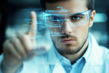 A man wearing glasses is pointing at a screen with a blue and white background