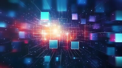 Fototapeta premium Abstract futuristic background with floating cubes and glowing light in shades of blue, purple, and red. A digital technology concept representing data flow, networking, and futuristic innovation