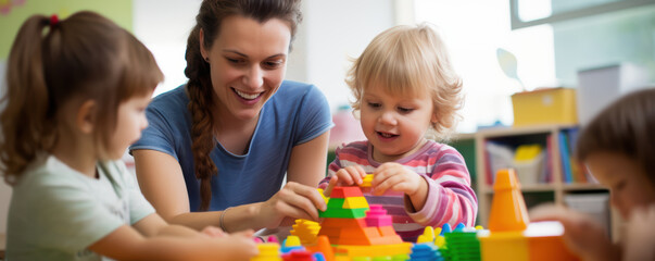 A woman is playing with a child and a group of children