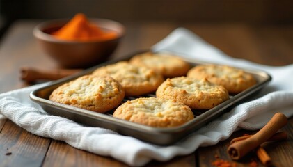 Warm spices fill the air as a tray of baked cookies cools on a white kitchen towel, kitchen towel, spices