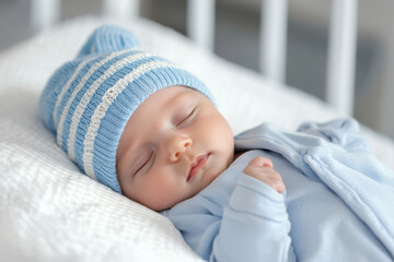 A baby is sleeping in a blue hat and blue pajamas
