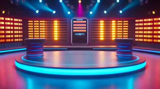 A vibrant game show stage illuminated by colorful lights, featuring empty podiums waiting for contestants. The dynamic atmosphere makes it perfect for television, quiz competitions, or video content