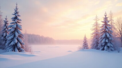 snowy forest landscape with a view of a lake in the distance at sunrise. 