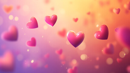 Colorful hearts floating in a dreamy background of soft hues and bokeh lights.