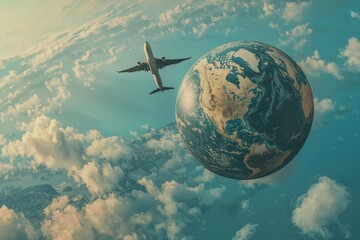 Naklejka premium Air Travel Above Earth with Clouds and Blue Sky in Vibrant Scene