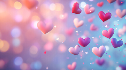 Colorful hearts floating in a dreamy background, symbolizing love and affection.
