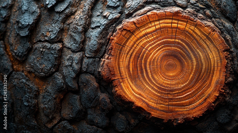 Poster close-up of tree ring patterns on wood surface showing annual growth