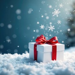 Delicate snowflakes fall on a snowy ground in a white gift box with red ribbon, winter, present, paper