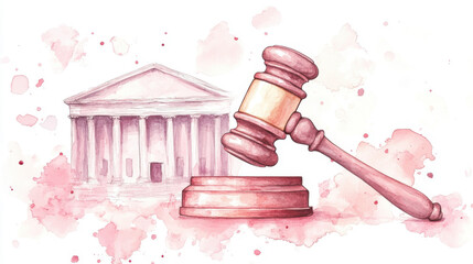 A watercolor illustration featuring a gavel and court building, symbolizing justice and the legal system in a soft, artistic style.