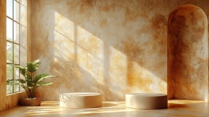 Serene Interior Space with Sunlit Walls and Plants. Generative AI