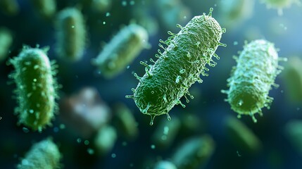 Fototapeta premium A highly detailed 3D rendering of green bacteria floating in a microscopic environment. The pathogens appear textured and covered in tiny protrusions, symbolizing infection, disease, and microbiology