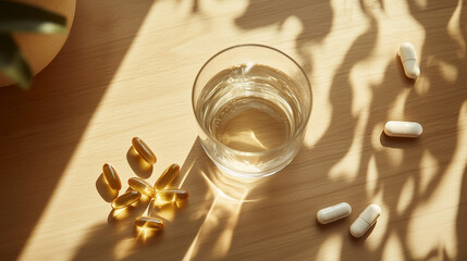 Glass of water with vitamins and supplements on a wooden surface with natural shadows