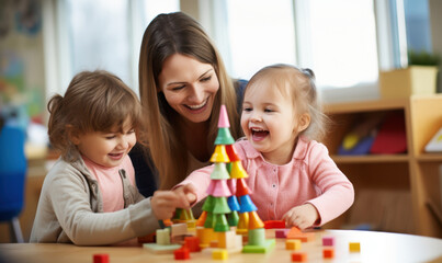 A woman is playing with two young children