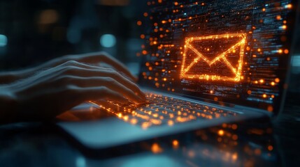 Hands typing on laptop with glowing email icon