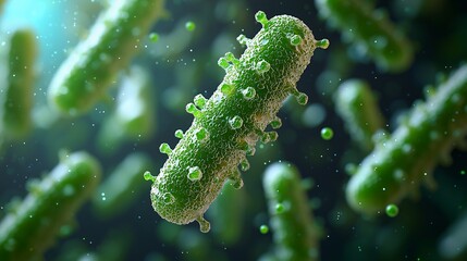 Fototapeta premium A highly detailed 3D rendering of green bacteria floating in a microscopic environment. The pathogens appear textured and covered in tiny protrusions, symbolizing infection, disease, and microbiology