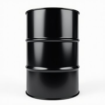Glossy black metal oil barrel or drum, industrial container for mockup, Isolated on white background