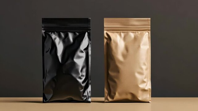 Shimmering rotation of glossy black and matte gold packaging pouches