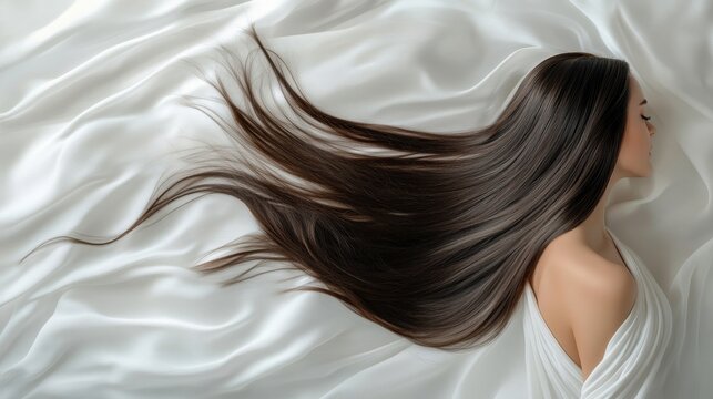 Beautiful model girl with Brown hair strand,silky healthy chestnut wavy hair strand,hair wavy ribbon, with smooth,Keratin straightening,Treatment,straight long hair,procedures,Smooth hairstyle.