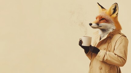 Anthropomorphic fox in trench coat holding steaming mug against beige background