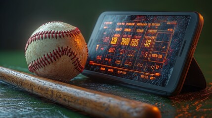 Baseball bat, ball, and smartphone displaying game stats on wooden surface