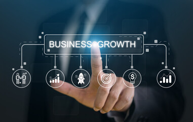People with business growth strategy, digital transformation, financial success and technology...