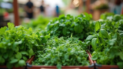 A close-up view of a farmer's market stall featuring freshly picked herbs and greens