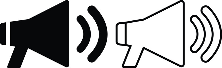 Megaphone music flat and line style set icon shape symbol. Vector for apps or website Voice sound speech logo silhouette sign. Grunge stamp. Isolated on transparent background.