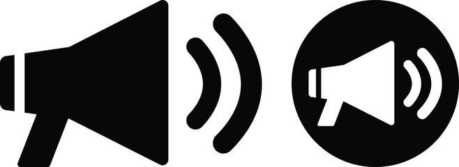 Megaphone music flat style set icon shape symbol. Vector for apps or website Voice sound speech logo silhouette sign. Grunge stamp. Isolated on transparent background.