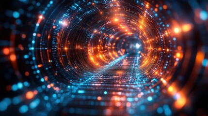Obraz premium Futuristic digital tunnel with glowing lights and data streams, creating a sense of motion