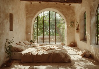 Peaceful Rustic Bedroom Linen Bedding, Stone Wall, Arched Window