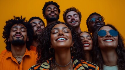 A group of diverse people smiling and looking upwards, The poster has an elegant design, showcasing diverse young individuals standing together, vibrant yellow background.