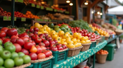 A picturesque scene of a farmer's market stall displaying an array of seasonal fruits and vegetables