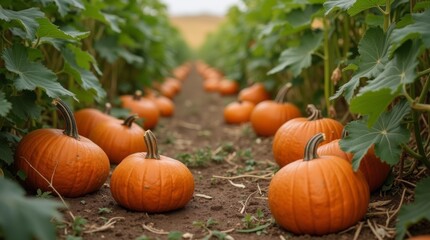 A picturesque pumpkin patch with bright orange pumpkins scattered among lush green vines
