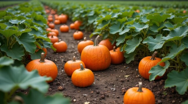 A picturesque pumpkin patch with bright orange pumpkins scattered among lush green vines - Powered by Adobe