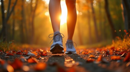 Vibrant running shoes resting on a forest trail covered in autumn leaves, illuminated by warm golden hour light, symbolizing an active and refreshing lifestyle.