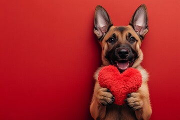 Obraz premium Belgian malinois - my desired dog. Promotion conceptual art. Cute belgian malinois doggy with fluffy red heart - sign of love, funny greeting card. Valentine's pet decorations. Dog and heart.
