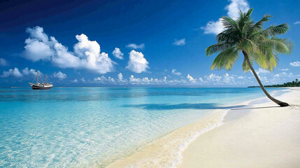 Fototapeta premium Idyllic tropical beach scene with palm tree and sailboat.