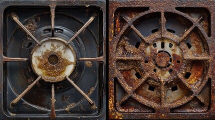 Fototapeta premium A before-and-after shot of a gas stove grate after ammonia cleaning.