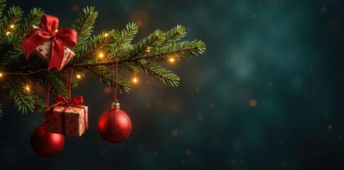 Pine branch wrapped in festive ribbons and garlands with hanging gift boxes illuminated by LED lights, festive, evergreen, decorations