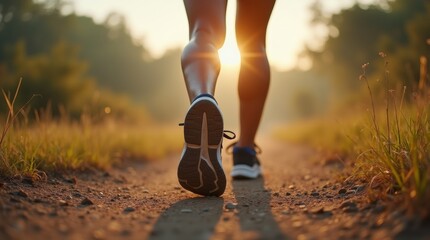 A pair of well-used running shoes on a rugged dirt trail, captured in soft morning light, emphasizing fitness, endurance, and adventure.