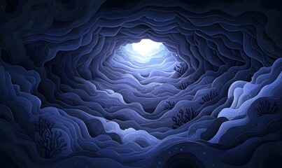 Underwater cave entrance, glowing light, coral, ocean depth, illustration, fantasy art