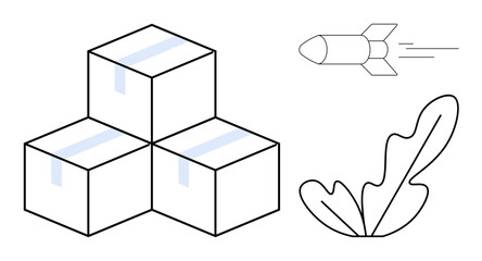 Three cardboard boxes with blue tape stacked together, a rocket flying to the right, and a leaf illustration. Ideal for logistics, shipping, delivery, innovation, growth, space exploration