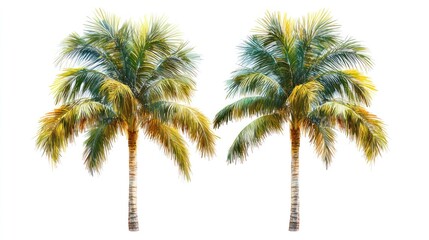 Two palm trees, tropical paradise, white background, vacation