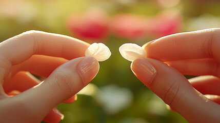 Close-up of delicate flower petals held gently between fingers, symbolizing fragility, beauty, and the connection between humans and nature.

