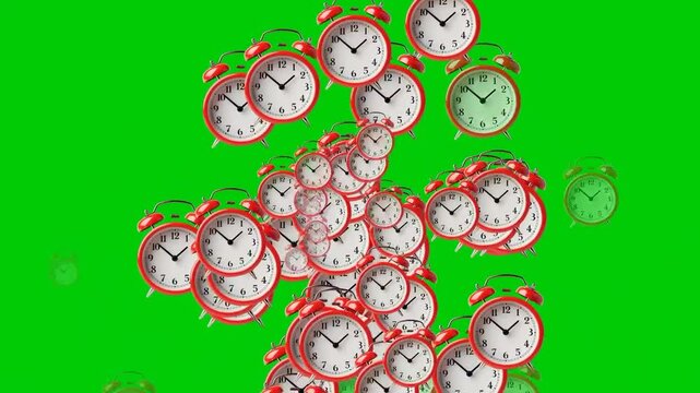 Explosive animated falling red clock with motion graphics on a green screen. Suitable video for alarm clock commercials, time management content, wake-up tips, productivity hacks, and morning routine 