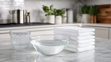 A bowl of vinegar and water mixture next to a stack of Maxmo multipurpose paper towels on a marble countertop.