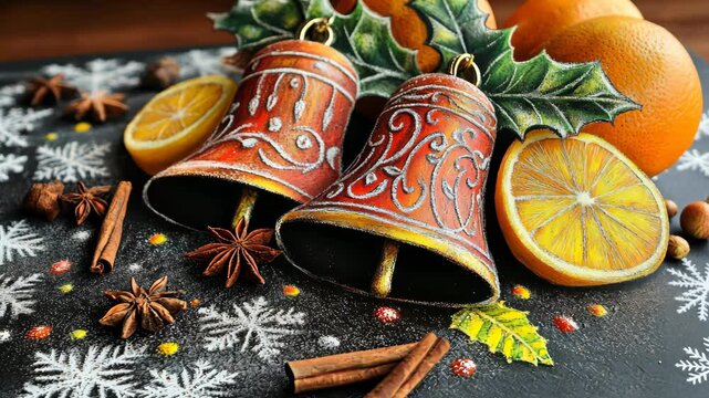 Festive arrangement of bells, oranges, and spices on snowflake patterned surface